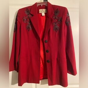 Scully Red Women's Blazer with Black Embroidery